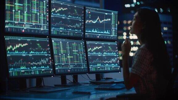 金融分析师的肖像工作在计算机与多显示器工作站与实时股票商品和交易市场图表在投资经纪公司工作的女商人
