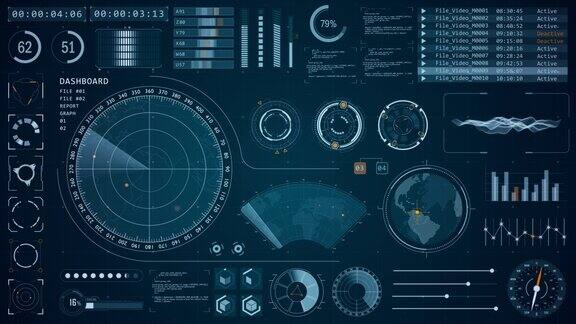 以未来主义抬头显示(HUDUI)技术界面屏幕和聊天面板抽象背景的蓝色声纳雷达屏幕搜索物体的运动图形