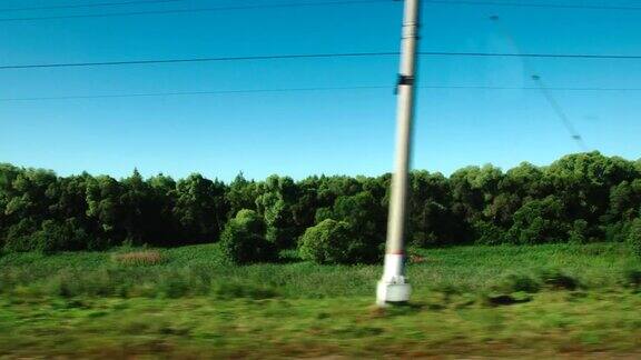 在夏天高速列车经过一片树木低矮的森林
