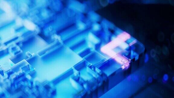 母板角在特写蓝色照明的CPU概念