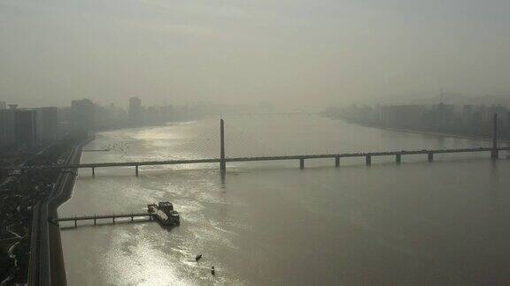 阳光杭州市河交通大桥航拍全景4k中国