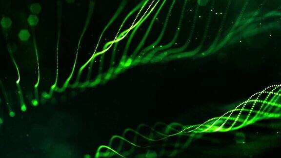 4k循环科幻绿色背景与散景和灯光效果辉光绿色粒子形成线表面弦结构作为虚拟空间或全息图的HUD屏幕13