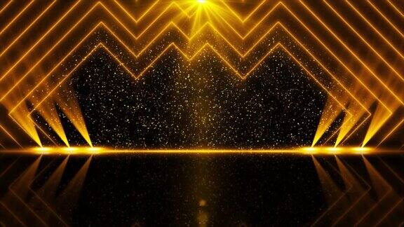 颁奖晚会舞台金碧辉煌舞台动画星星光和粒子奢华的金色轻条纹