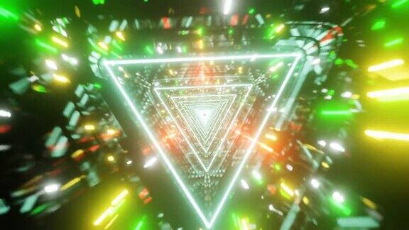 VJ循环功能的发光霓虹灯围绕抽象三角形旋转的3D渲染