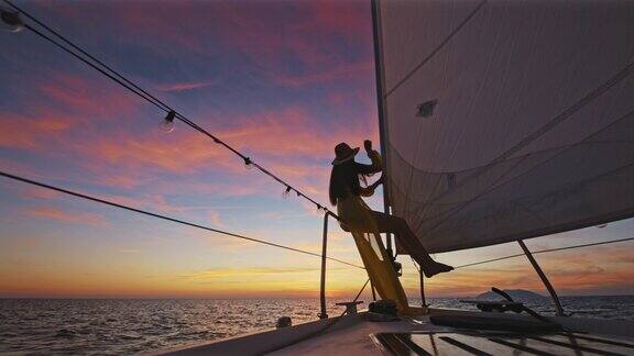 日落时分身着黄色长裙的女子在帆船的船头享受微风