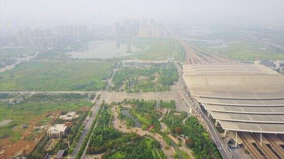 晴天武汉著名火车站铁路公园航拍全景4k中国