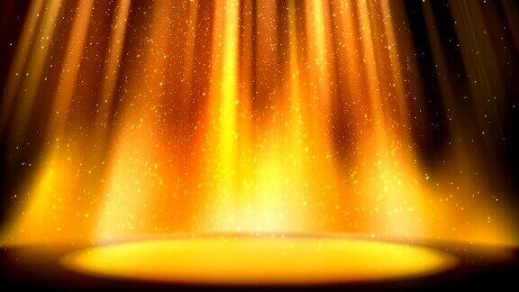 空荡荡的金色场景在闪光的背景上被明亮的金色聚光灯照亮的地方落下闪闪发光的粒子彩色琥珀背景吸引人的设计无缝循环