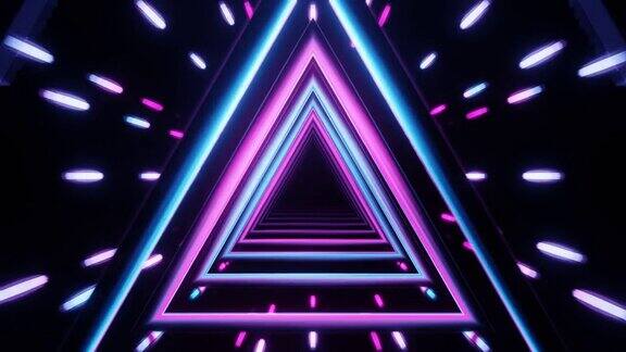 这是一个带有霓虹灯的未来走廊的3D渲染图其中抽象的三角形隧道线以快速的速度移动