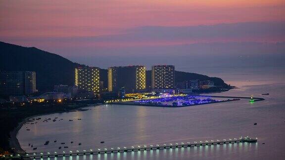 日落三亚公园顶部海湾码头全景4k时间推移海南岛中国