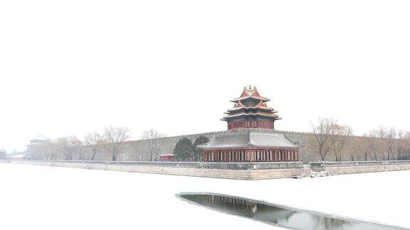 北京紫禁城角楼在雪中