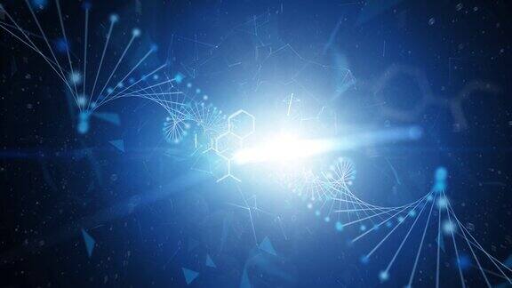 现代闪亮的抽象六边形化学分子和艺术dna链闪耀明亮的蓝色科学动画背景