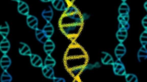 2D动画:在黑色背景上有大量由粒子组成的DNA60fps这个物体是斜的重点是在前面