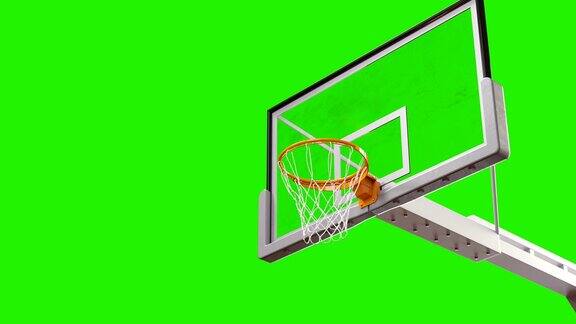 漂亮的职业篮筐长投慢动作球在黑色背景和绿色屏幕上旋转进入篮网运动概念3d动画AlphaMatte4kUHD3840x2160