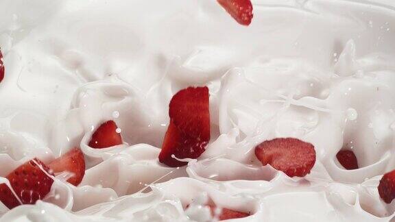 草莓片淋在奶油牛奶中