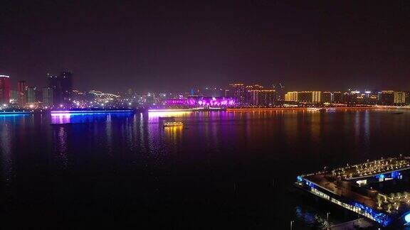 飞越杭州市夜景江滨湾体育场航拍4k中国全景