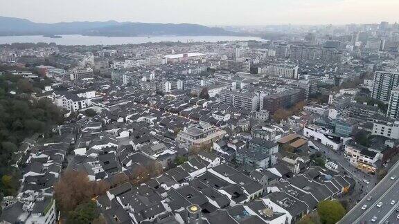 航拍浙江杭州西湖清河坊街屋顶