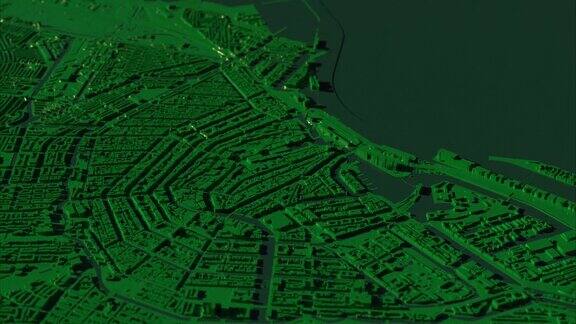 地图上的三维城市模型与房屋彩色绿色动态建筑动画