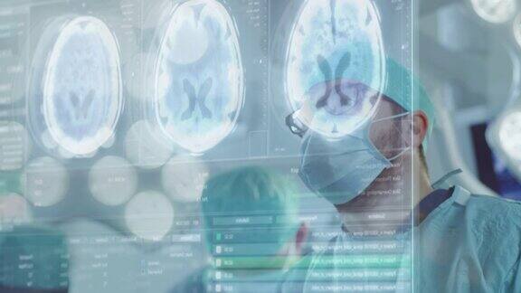 外科医生的特写镜头使用透明增强现实屏幕看和滑动脑部扫描在手术期间未来的手术