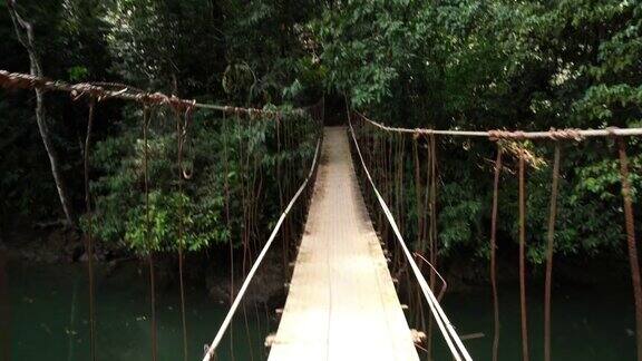 POV在热带雨林的一座吊桥上行走