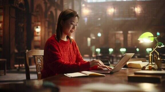 快乐专注的亚洲学生在传统图书馆学习年轻女性使用笔记本电脑进行大学研究项目在线阅读学术书籍和期刊