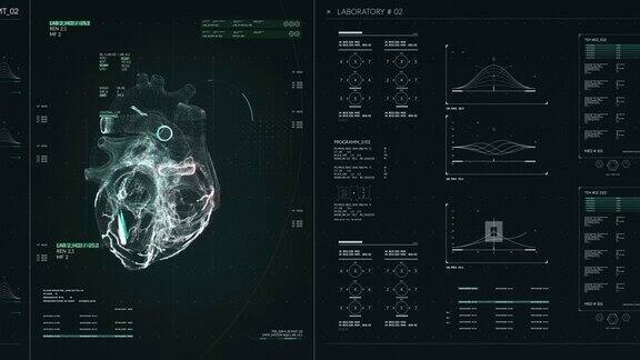 人类心脏扫描带有HUD和信息图表元素的蓝色未来医疗用户界面虚拟技术背景平视显示模板的业务游戏运动设计web和应用程序