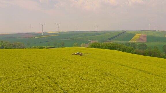 空中喷洒农药的农民在油菜田周围的风力涡轮机
