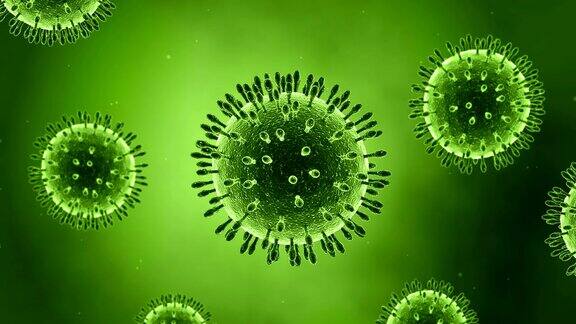 病毒漂浮在绿色微观3d渲染动画