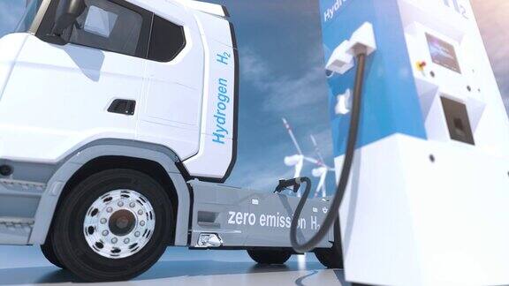 加油站加油机上的氢气标志h2燃烧卡车发动机无排放环保运输
