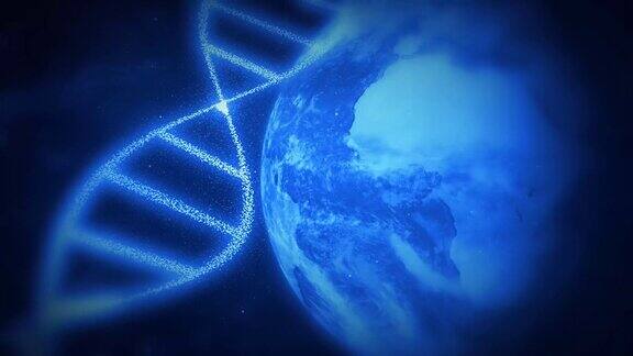 地球DNA科学概念深蓝色背景脱氧核糖核酸结构和地球行星用于全球科学研究和人类基因遗传4k的视频