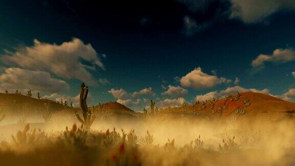 在沙漠中奔跑的女人与撒瓜罗仙人掌和灰尘在风中吹拂4K