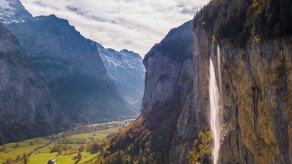 瑞士山瀑布Lauterbrunnen瑞士航拍4k