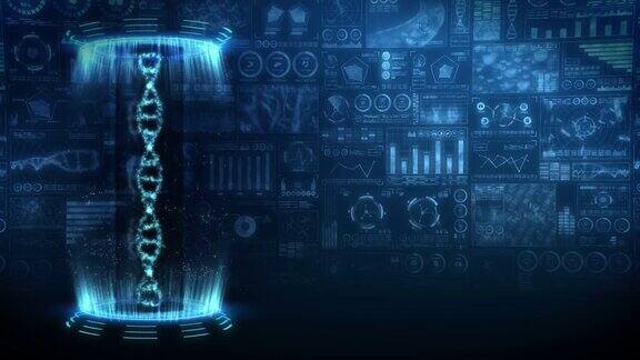 DNA螺旋分子环动画DNA染色体数字数据图的全息元素医疗信息高科技未来设计