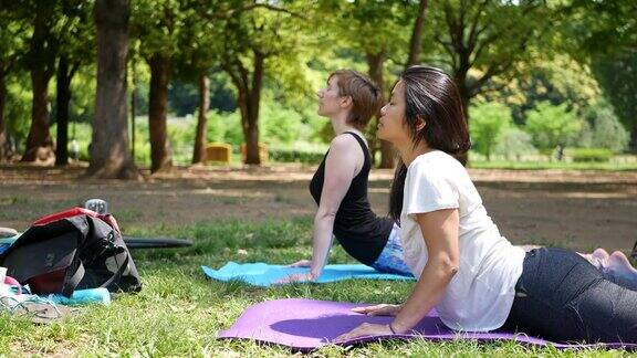 精神健康朋友们在公园里做瑜伽