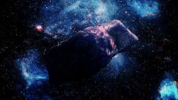 太空岩石景观通过探索外太空向中心发光的银河系通过发光的星云云和恒星场飞行的4K循环动画