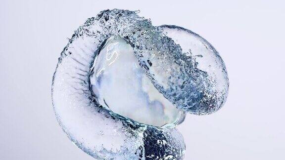 化妆品在水中的泡泡蓝色液体气泡流体流动胶原蛋白原子漂浮保湿霜皮肤精华维生素美容概念3d渲染