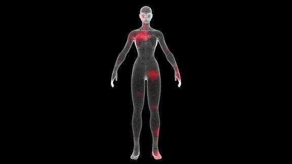 病毒通过黑色背景上旋转的女性体积体传播病毒在体内的视觉演示医学概念业务背景对于标题表示三维动画