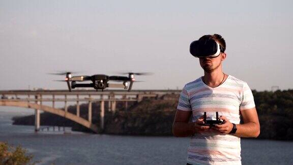 戴着VR眼镜的人控制无人机