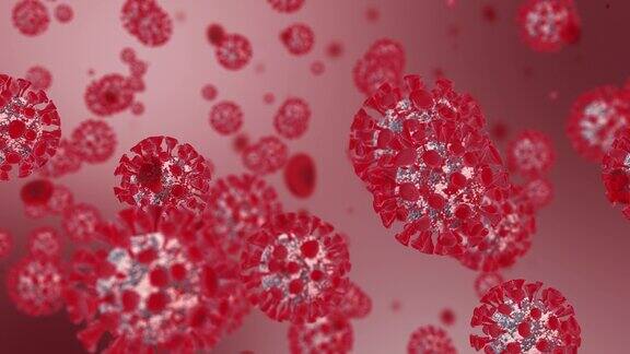 逼真的红色病毒模型和血细胞冠状病毒、COVID-19医学动画冠状病毒流感作为一种危险的流感病毒株病例作为一种大流行