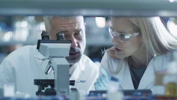 男女科学家正在实验室里用显微镜和平板电脑工作