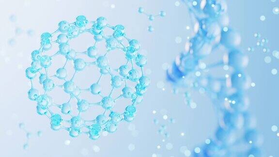 蓝色背景中的漂浮分子和DNA生物和美容医学概念3d渲染