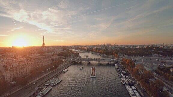日落时巴黎和塞纳河的鸟瞰图