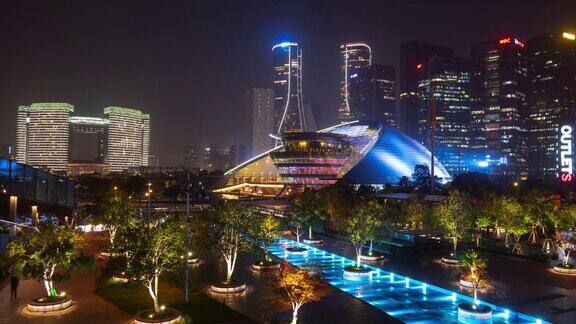 杭州市中心夜景时间照明市中心公园广场全景延时全景4k中国