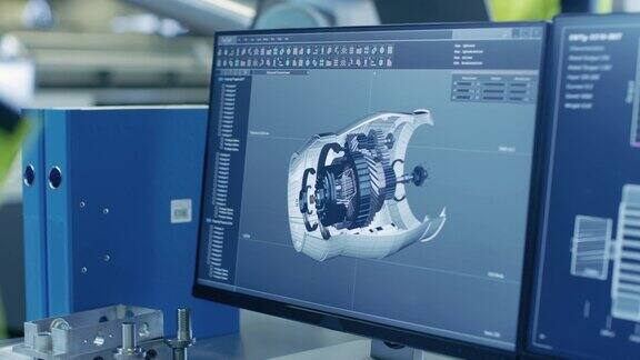 特写镜头的3DCAD模型的发动机显示在电脑屏幕上在人们工作的背景制造工厂