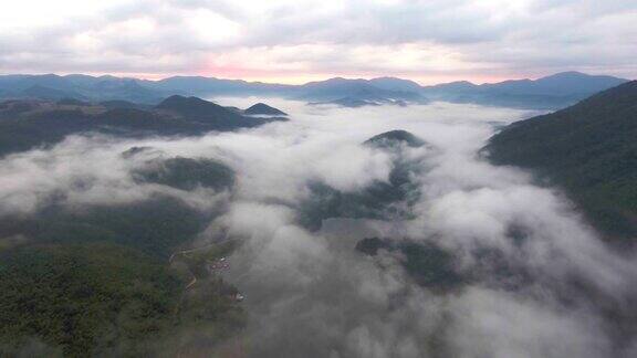 鸟瞰图热带山脉覆盖在早晨的雾