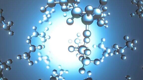旋转分子化合物的三维渲染蓝色化学背景