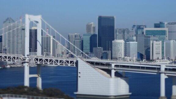 东京市区一座高速公路大桥的高角度长镜头倾斜