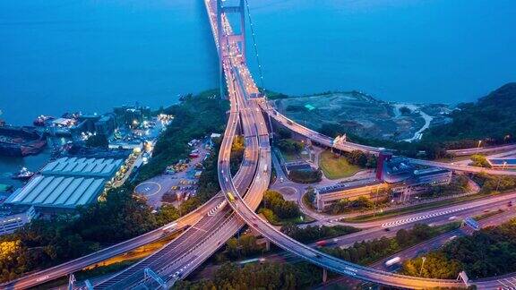 空中黄昏到夜晚的汀九桥时间流逝香港