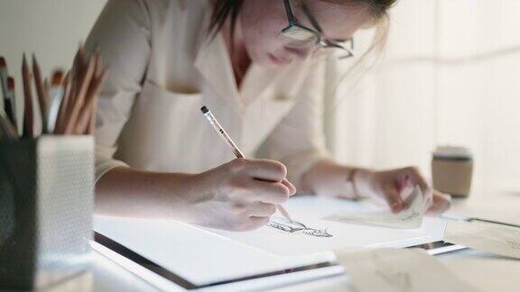 女人用铅笔在纸上画素描