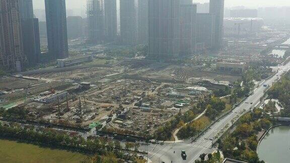 晴朗的一天杭州城滨江巨型建筑场航拍全景4k中国