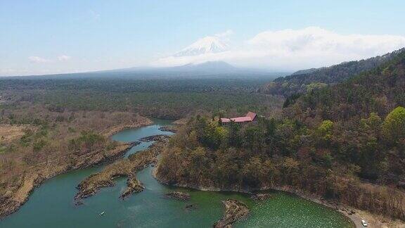 富士山鸟瞰图从Shoji湖与蓝天富士山日本